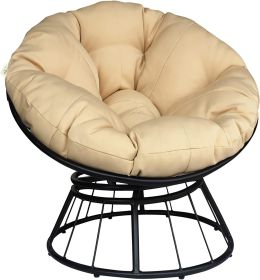 Papasan Wicker Rattan Chair Indoor, 360-Degree Swivel Saucer Chair with Fluffy Cushion,Deep Seating Accent Moon Chair with Solid Twill Fabric